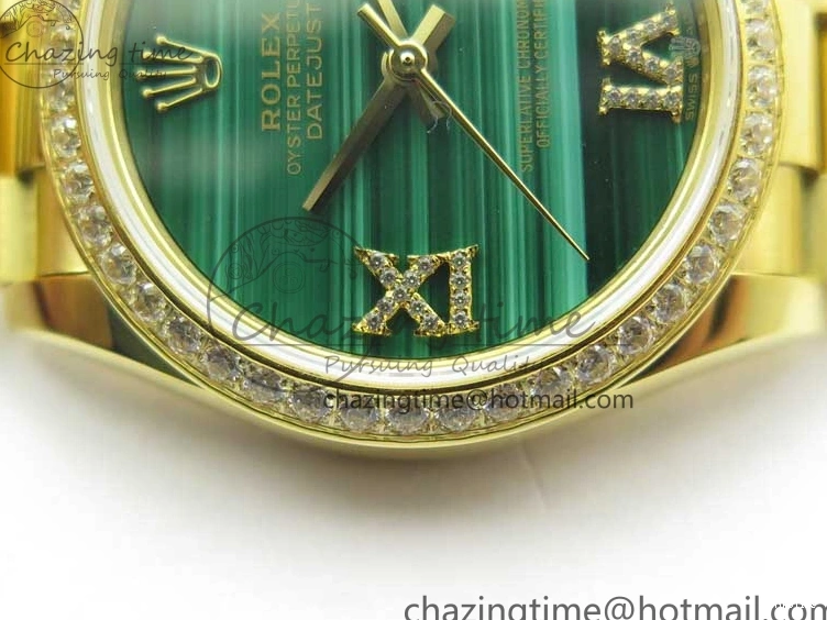 MiroTime 0408 Versatile Daydate 278288 31mm YG EWF Best Edition Green Malachite Dial Crystal Markers on YG President Bracelet ETA 2606